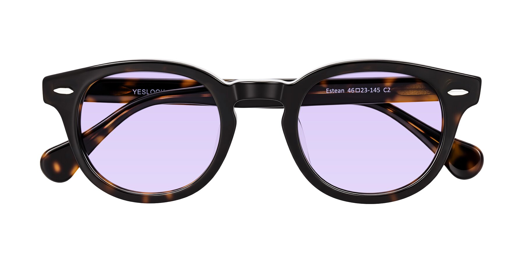 Folded Front of Estean in Dark Tortoise with Light Purple Tinted Lenses