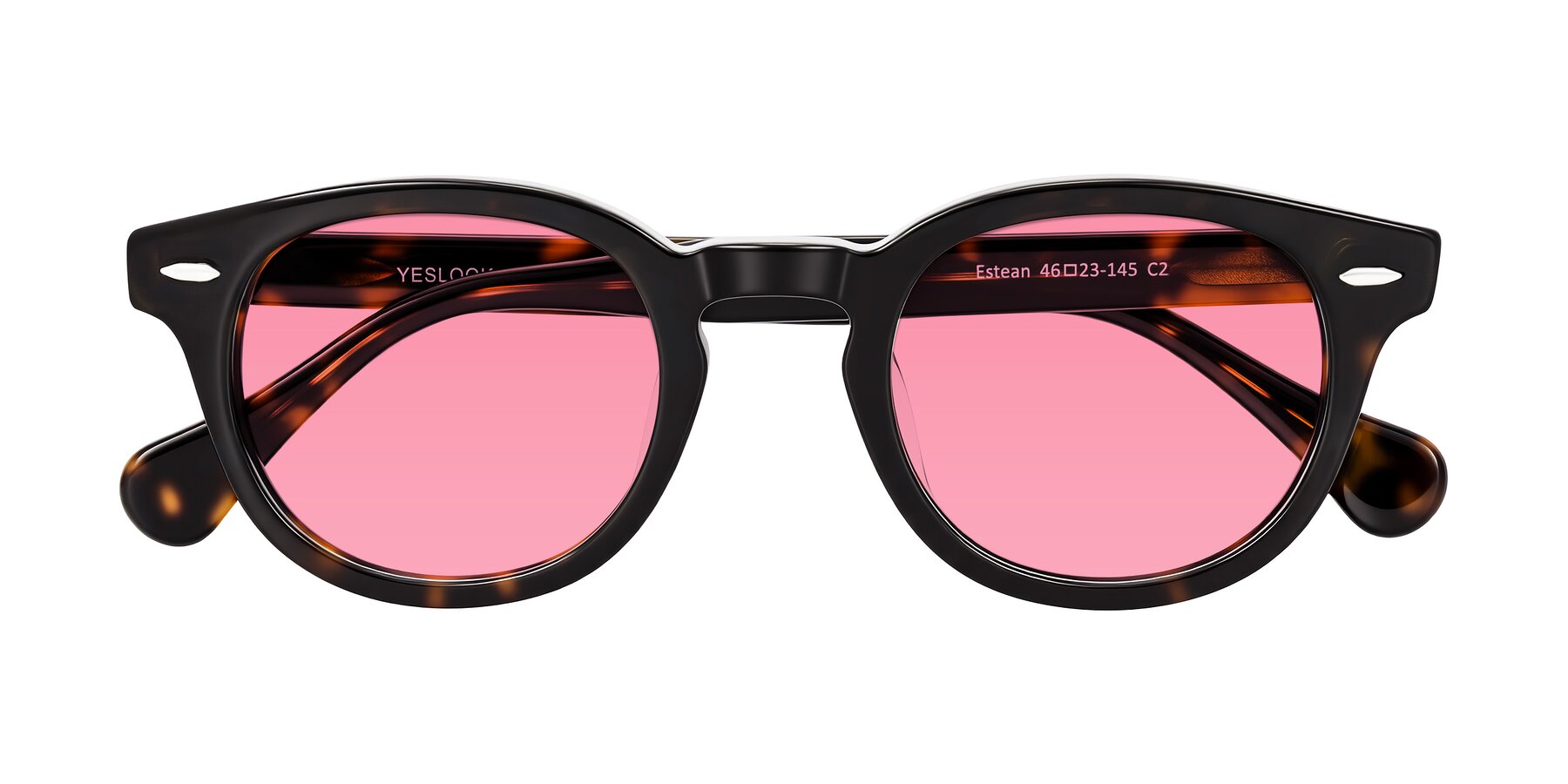 Folded Front of Estean in Dark Tortoise with Pink Tinted Lenses