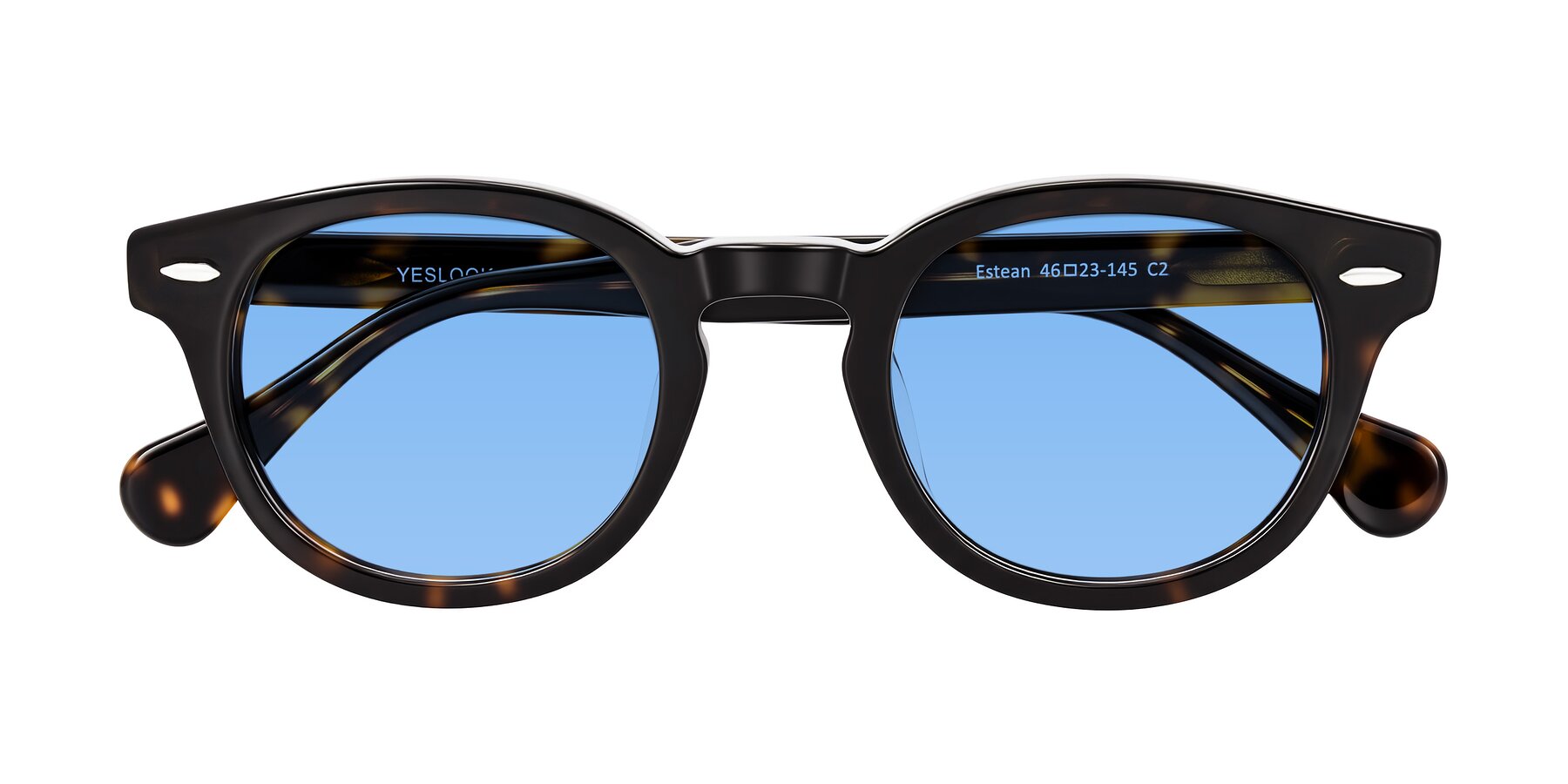Folded Front of Estean in Dark Tortoise with Medium Blue Tinted Lenses