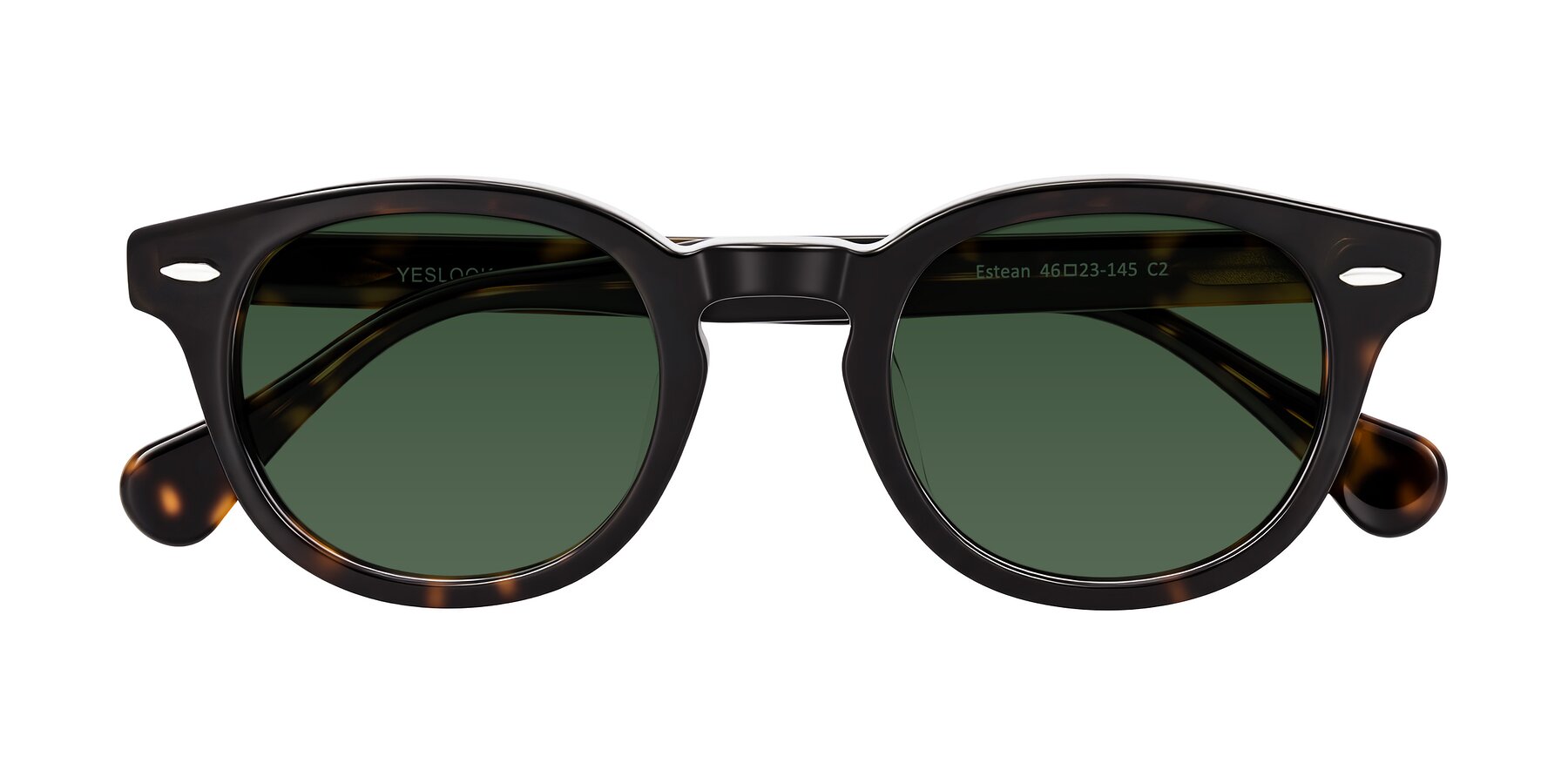 Folded Front of Estean in Dark Tortoise with Green Tinted Lenses