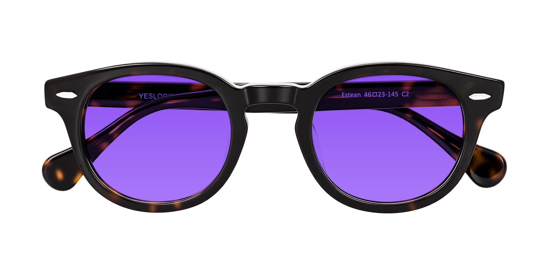 Folded Front of Estean in Dark Tortoise with Purple Tinted Lenses