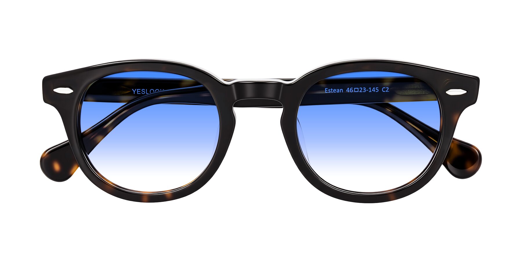 Folded Front of Estean in Dark Tortoise with Blue Gradient Lenses