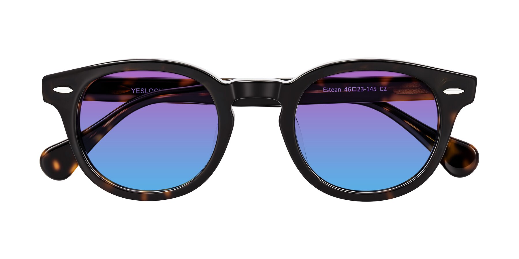 Folded Front of Estean in Dark Tortoise with Purple / Blue Gradient Lenses