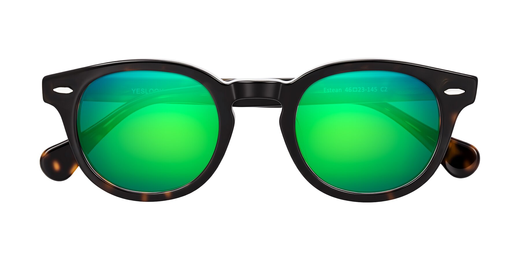 Folded Front of Estean in Dark Tortoise with Green Mirrored Lenses