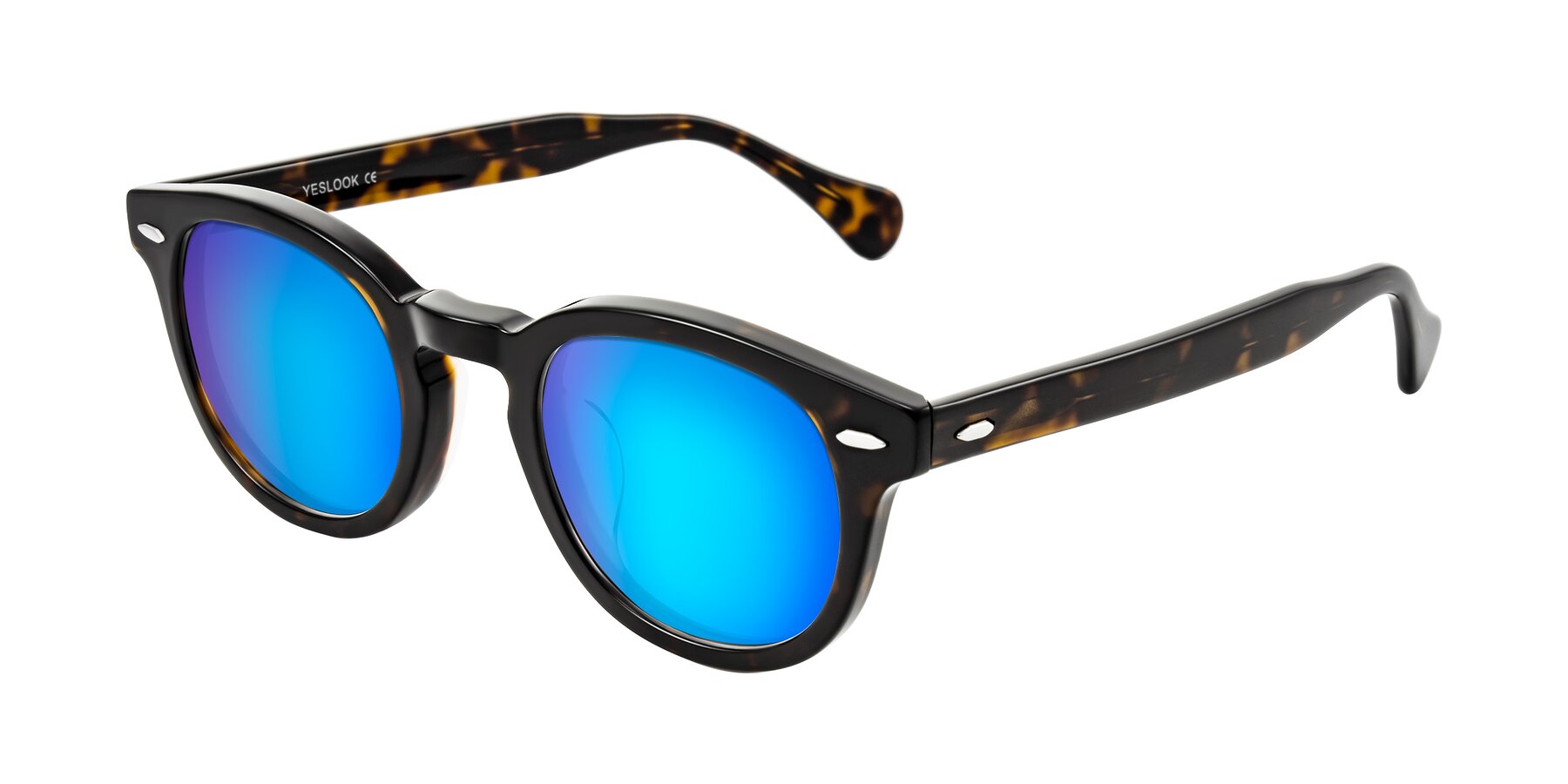 Angle of Estean in Dark Tortoise with Blue Mirrored Lenses