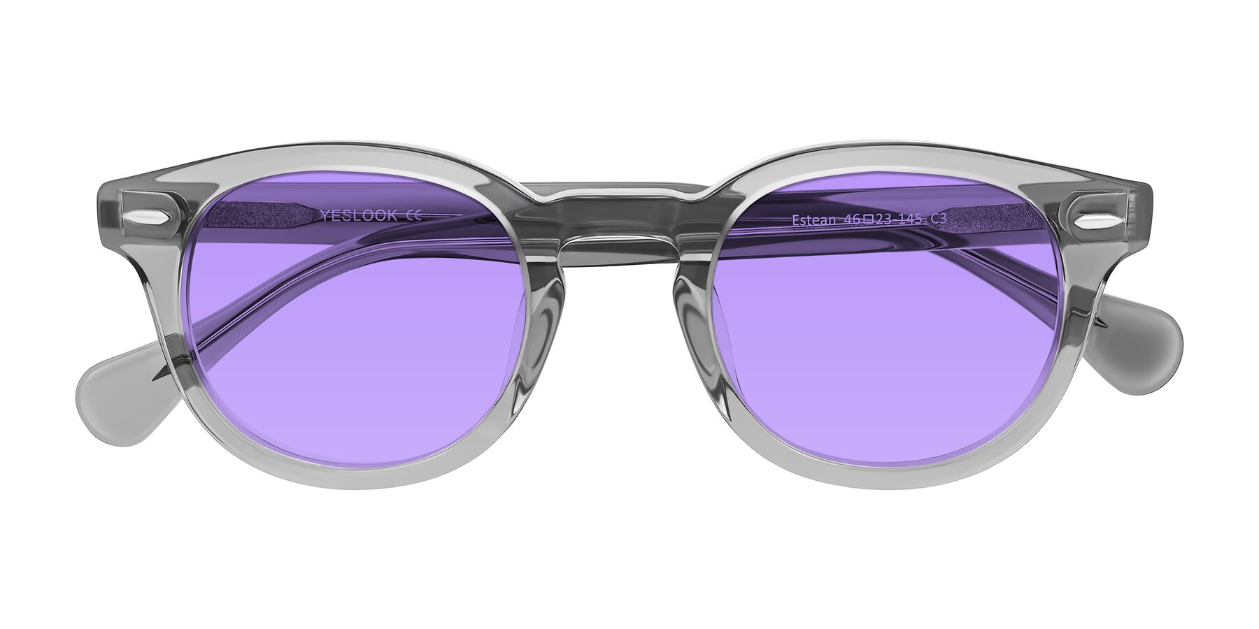 Folded Front of Estean in Transparent Gray with Medium Purple Tinted Lenses