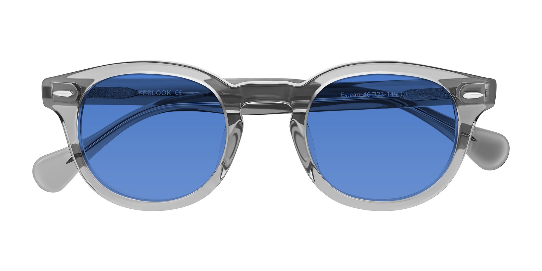 Folded Front of Estean in Transparent Gray with Blue Tinted Lenses