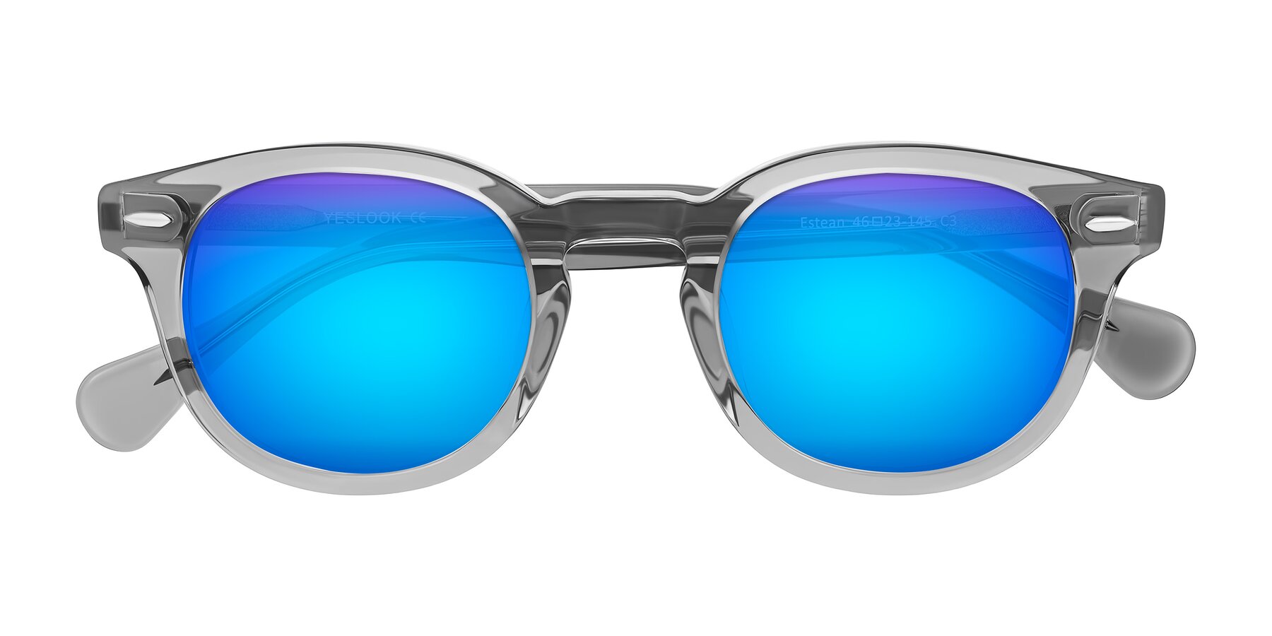 Folded Front of Estean in Transparent Gray with Blue Mirrored Lenses