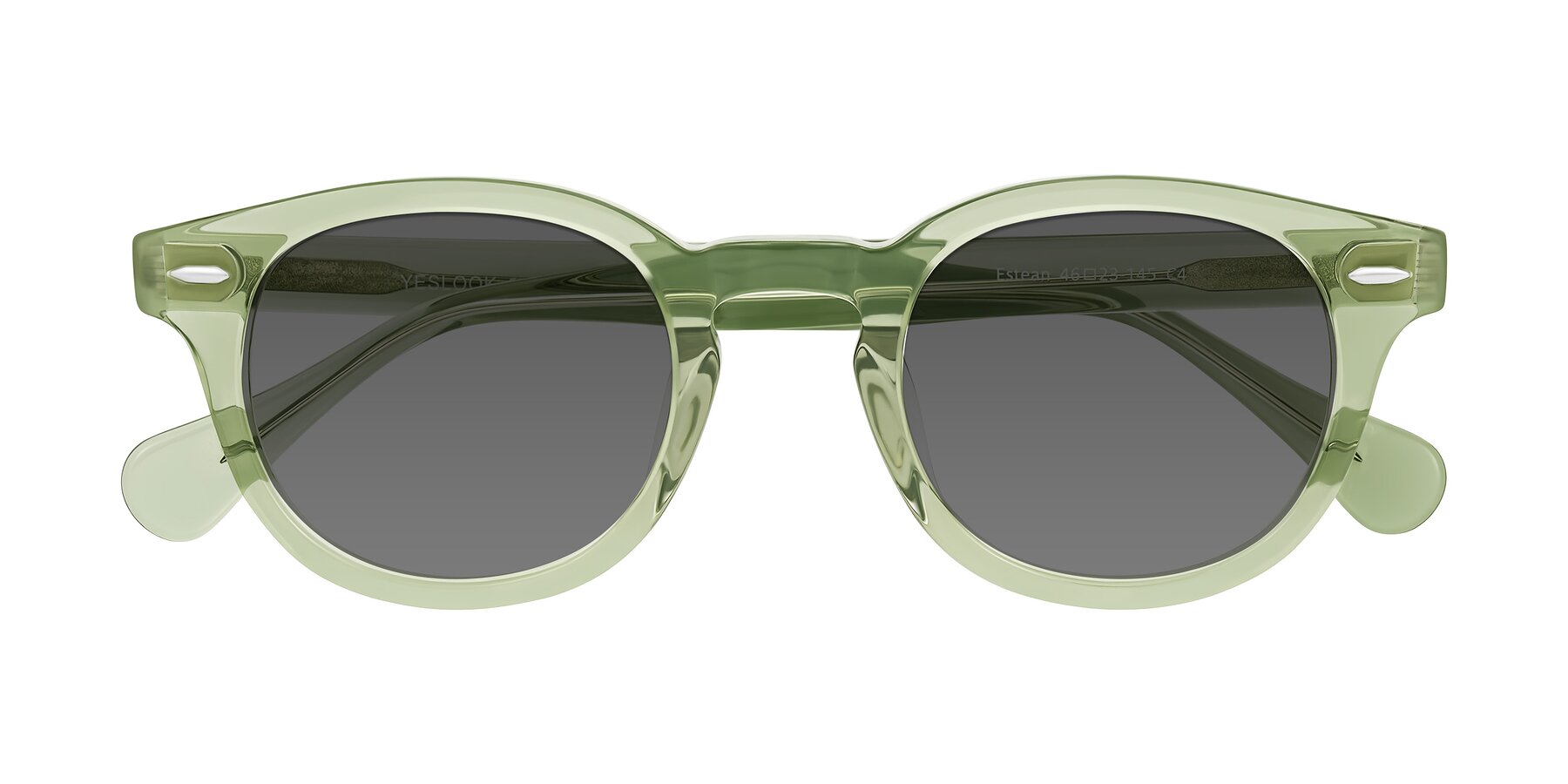 Folded Front of Estean in Transparent Green with Medium Gray Tinted Lenses