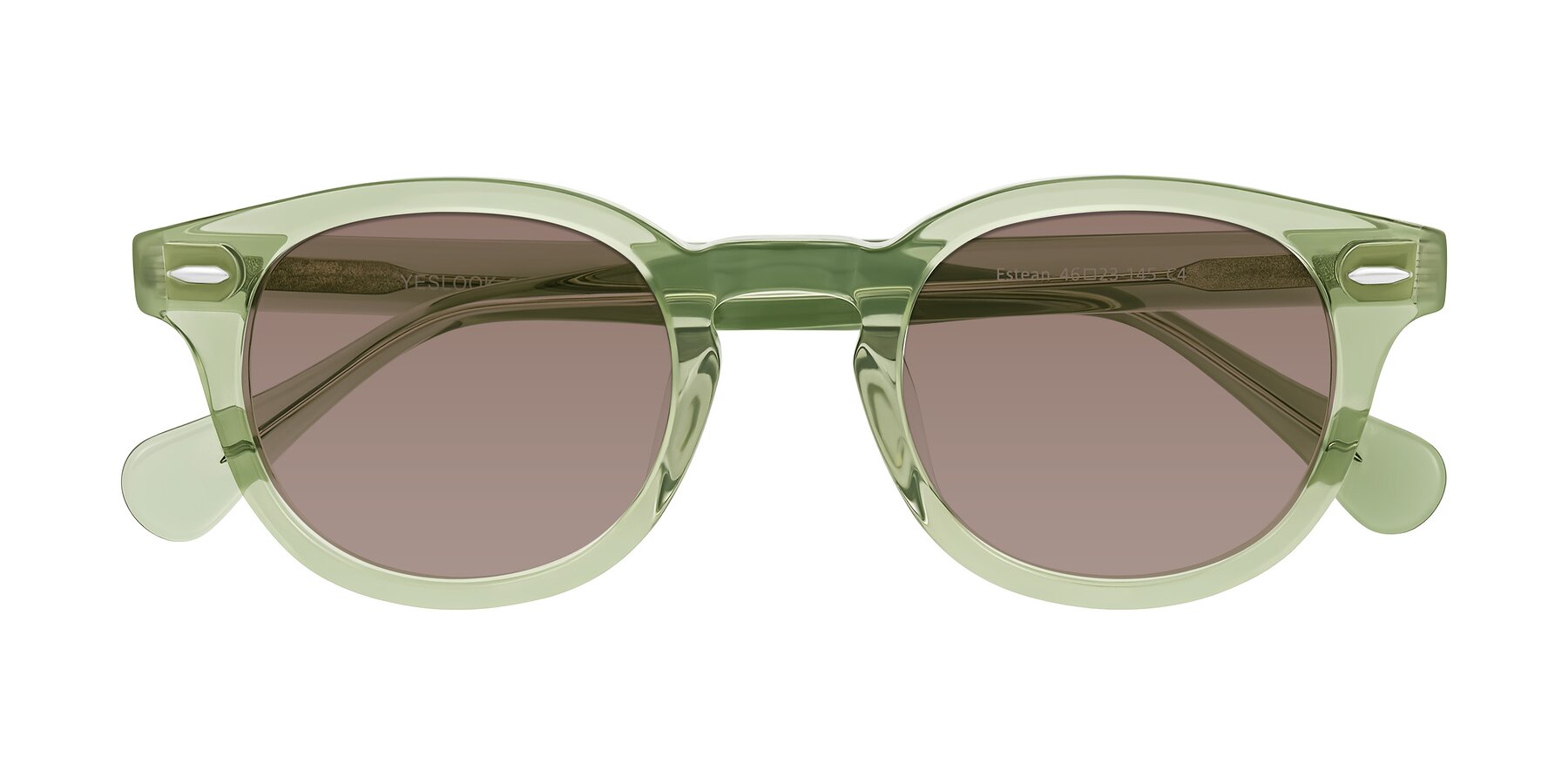 Folded Front of Estean in Transparent Green with Medium Brown Tinted Lenses