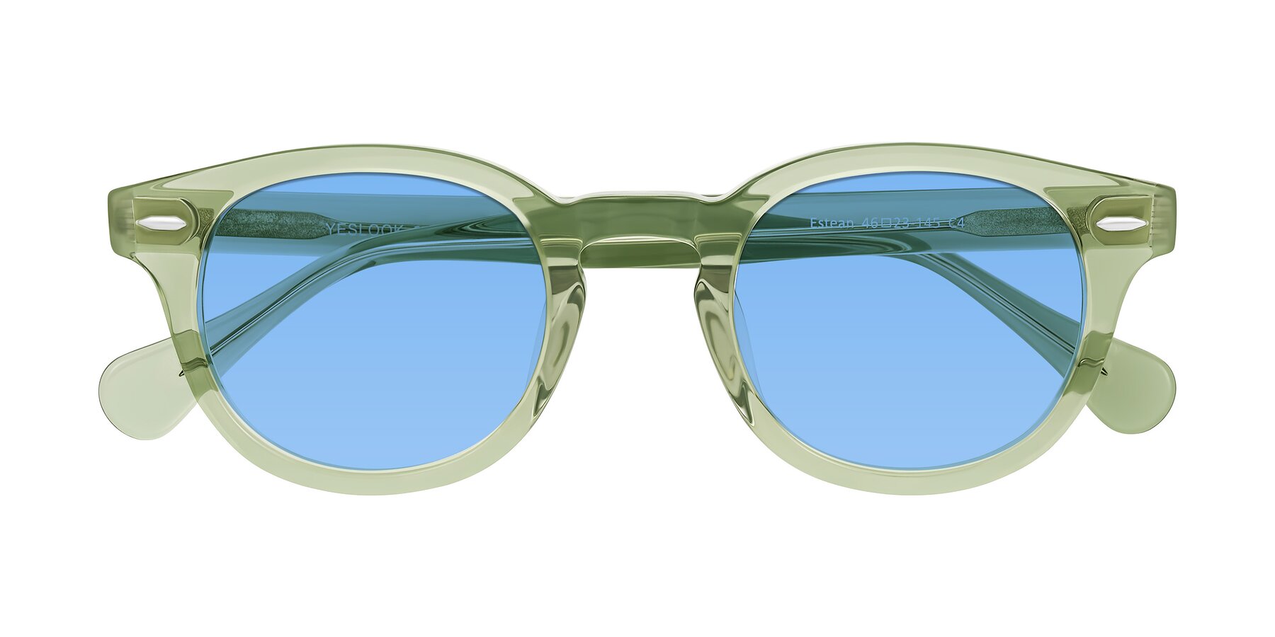 Folded Front of Estean in Transparent Green with Medium Blue Tinted Lenses