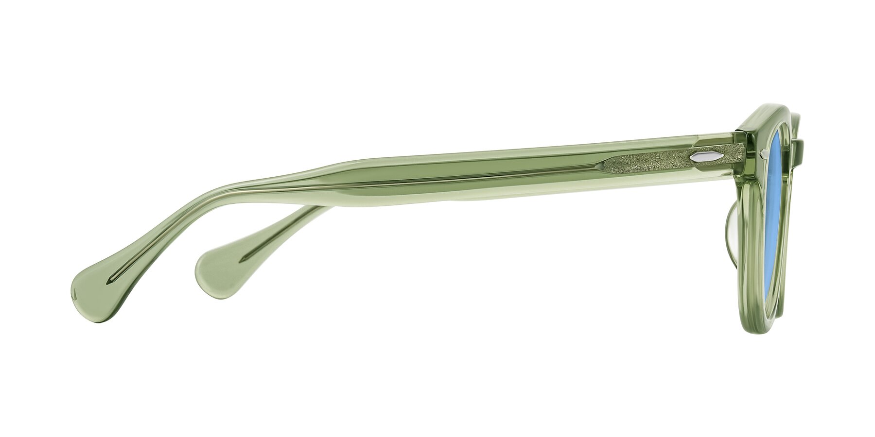 Side of Estean in Transparent Green with Medium Blue Tinted Lenses