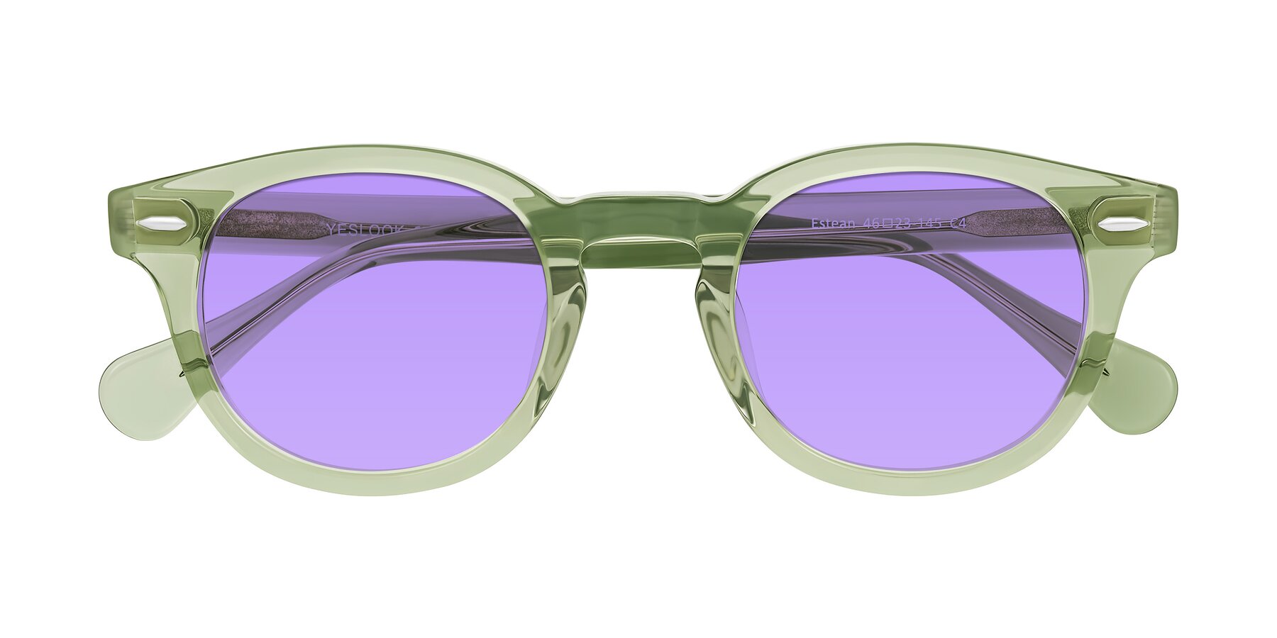 Folded Front of Estean in Transparent Green with Medium Purple Tinted Lenses