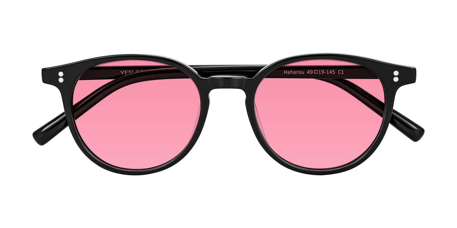 Folded Front of Haharou in Black with Pink Tinted Lenses