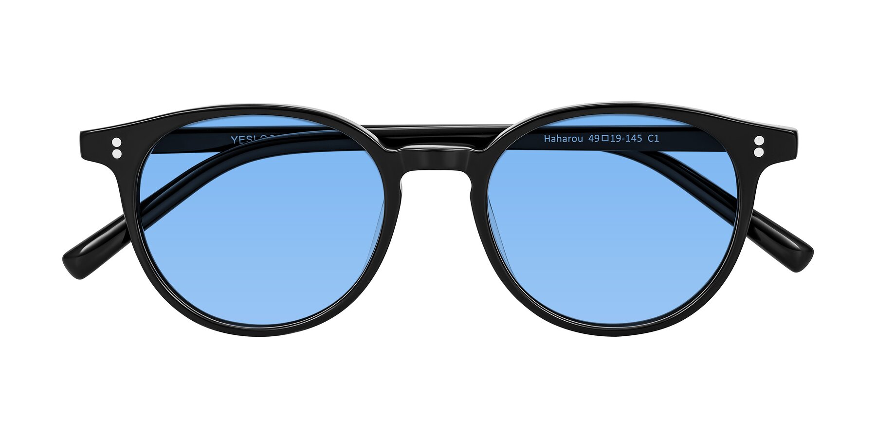 Folded Front of Haharou in Black with Medium Blue Tinted Lenses