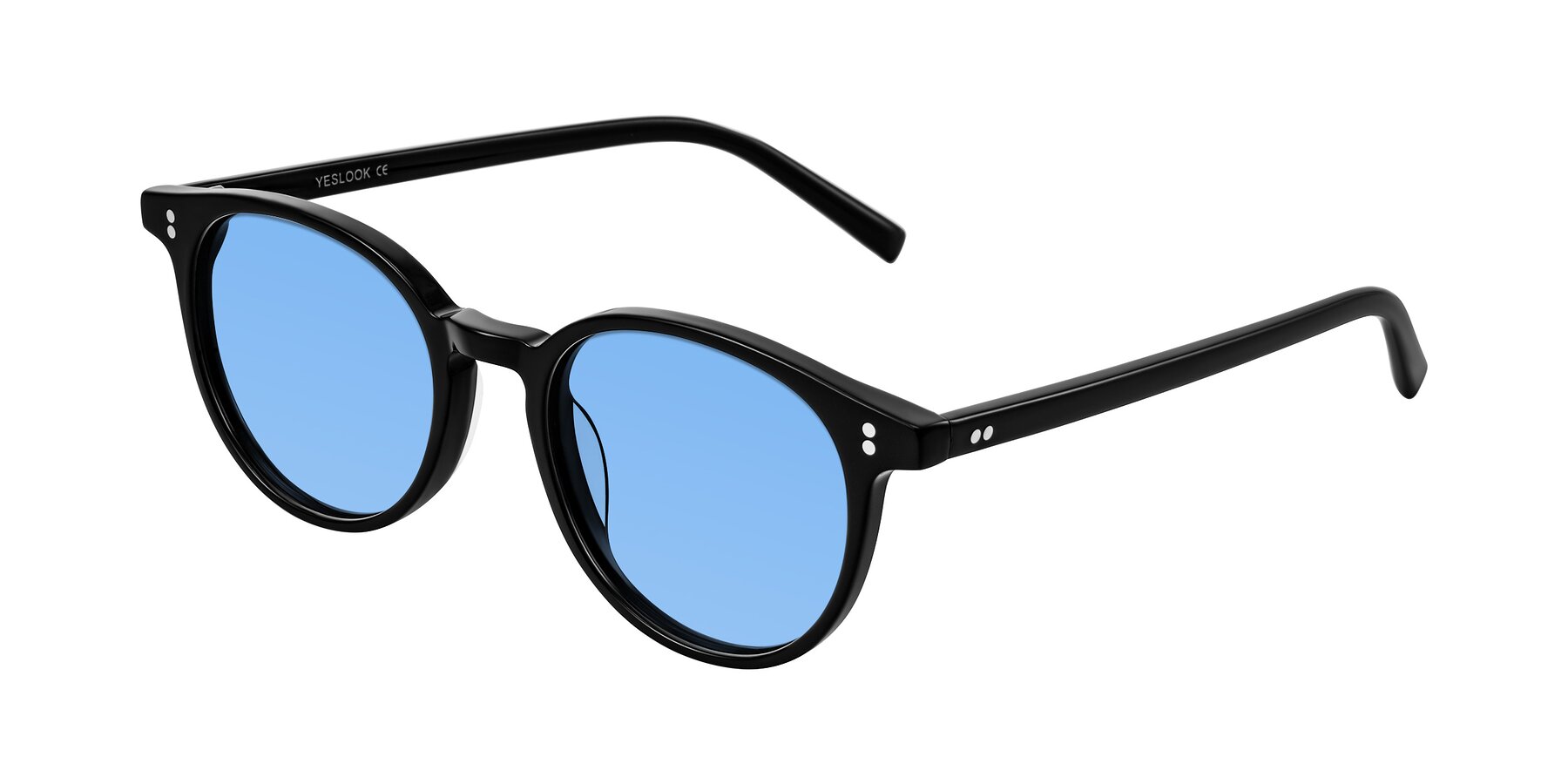 Angle of Haharou in Black with Medium Blue Tinted Lenses
