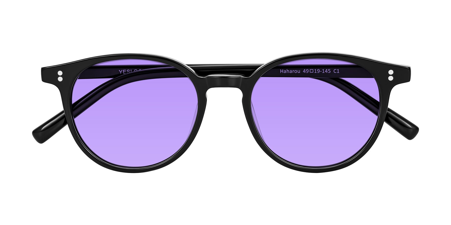 Folded Front of Haharou in Black with Medium Purple Tinted Lenses