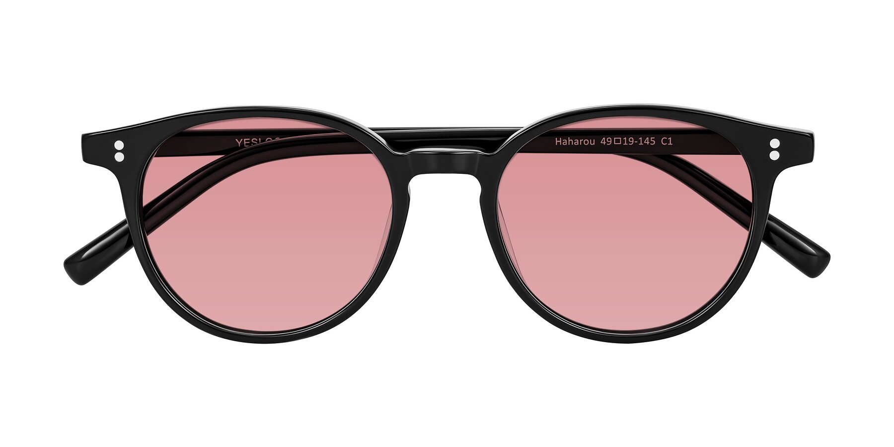 Folded Front of Haharou in Black with Medium Garnet Tinted Lenses