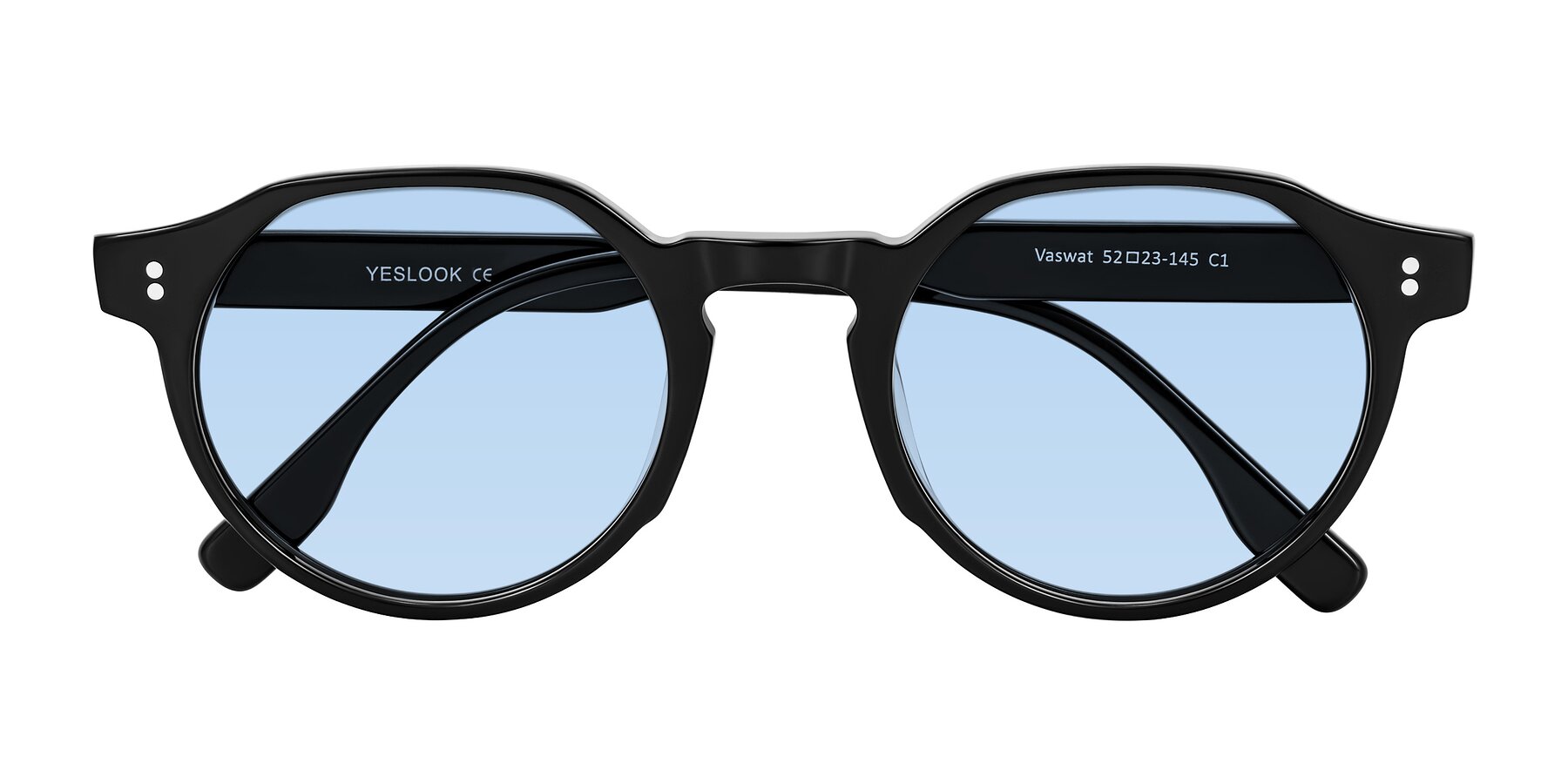 Folded Front of Vaswat in Black with Light Blue Tinted Lenses