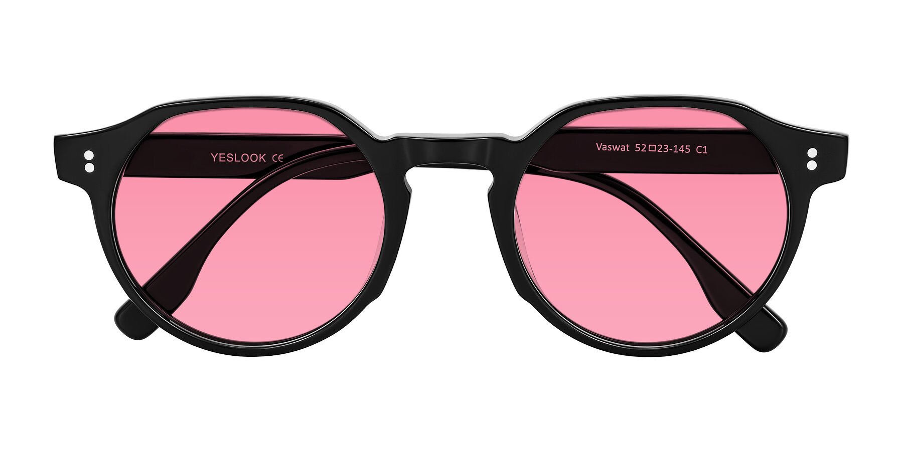 Folded Front of Vaswat in Black with Pink Tinted Lenses