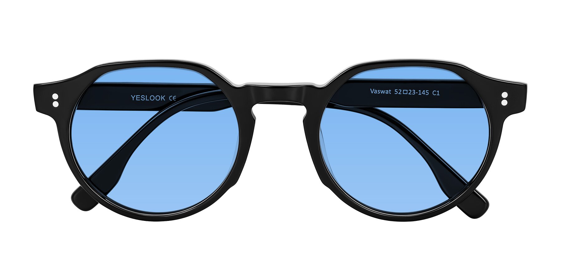 Folded Front of Vaswat in Black with Medium Blue Tinted Lenses