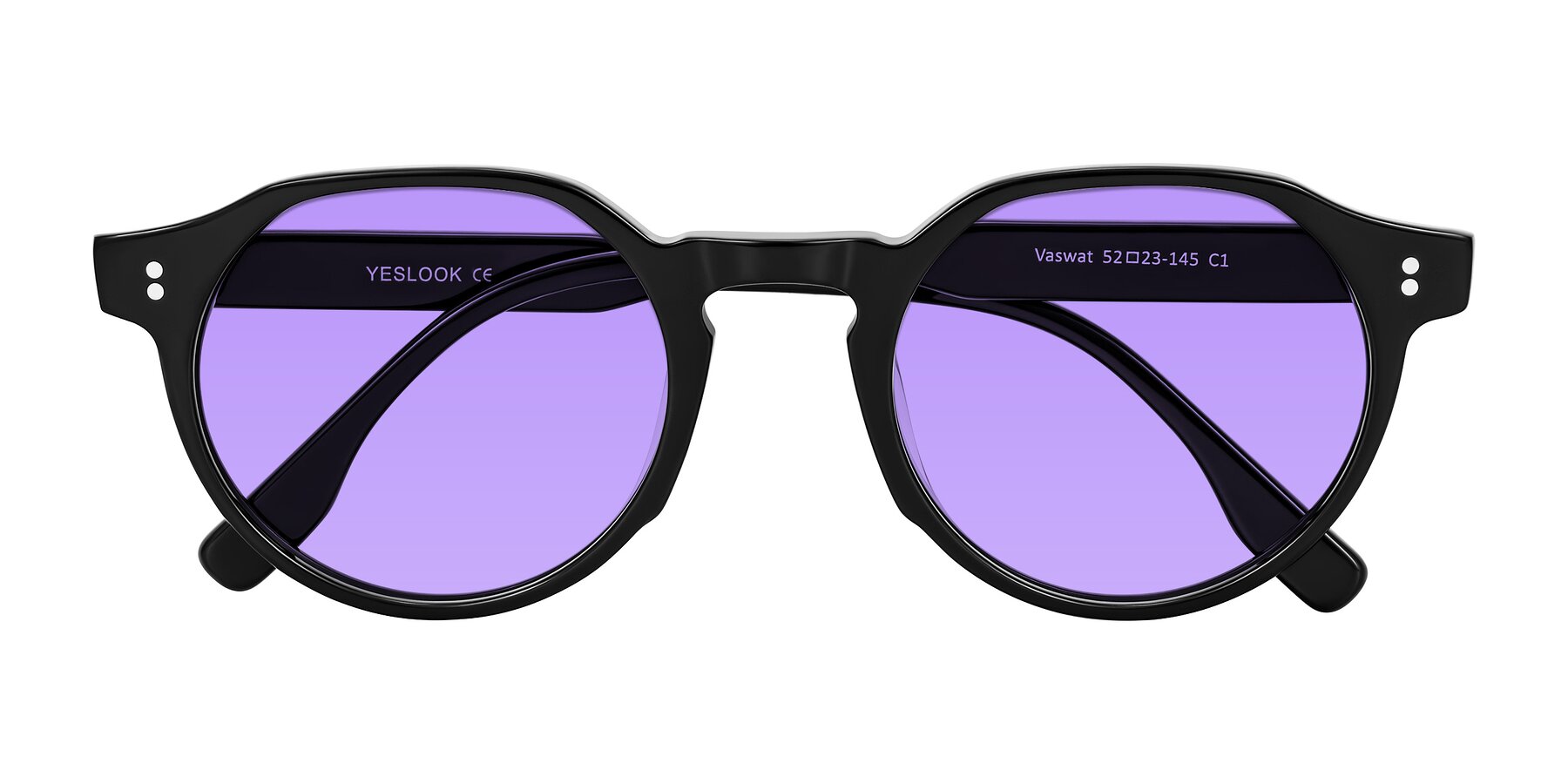 Folded Front of Vaswat in Black with Medium Purple Tinted Lenses