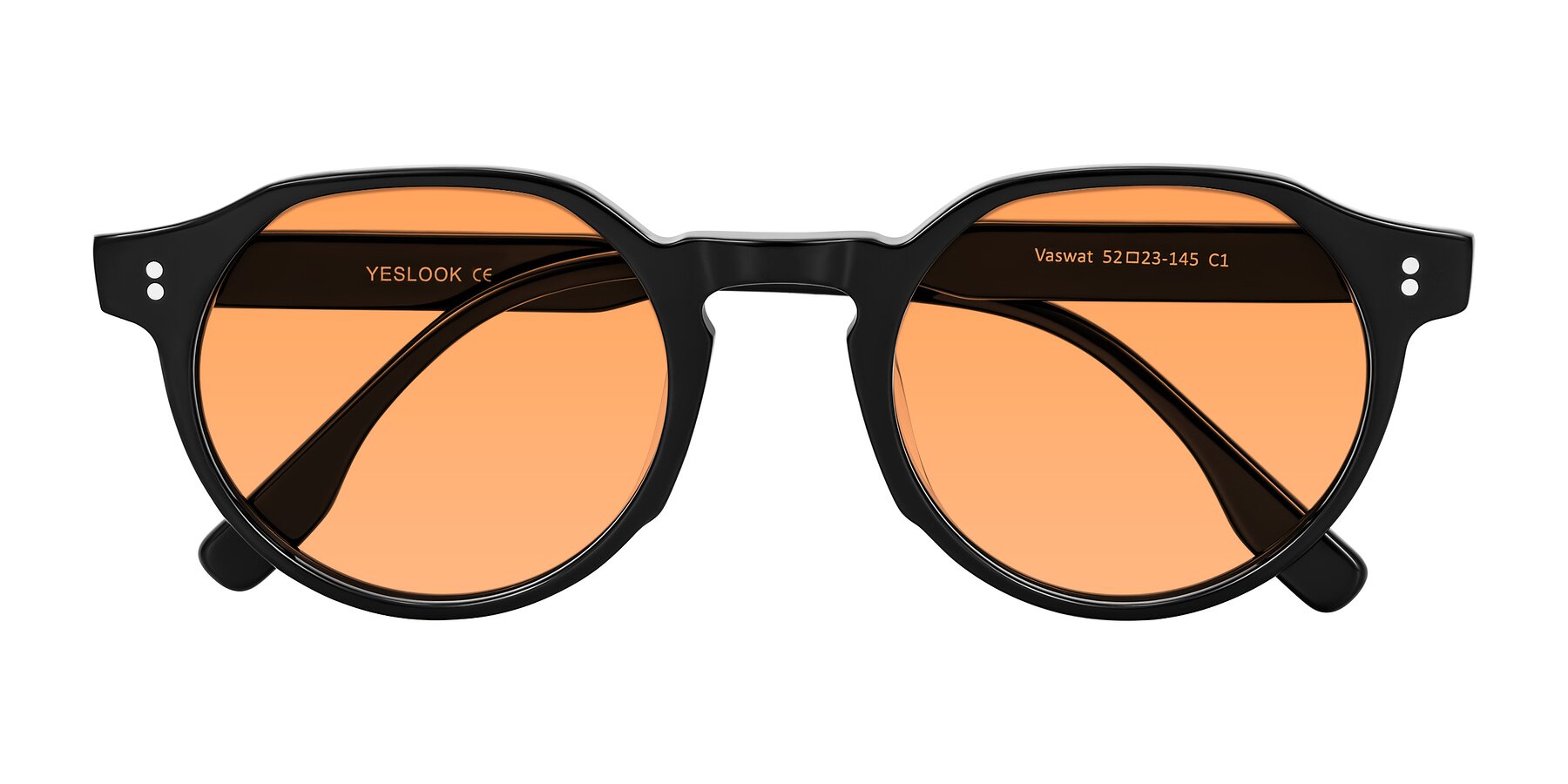 Folded Front of Vaswat in Black with Medium Orange Tinted Lenses