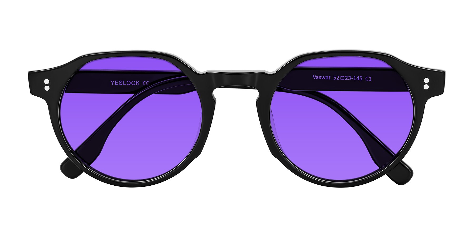 Folded Front of Vaswat in Black with Purple Tinted Lenses