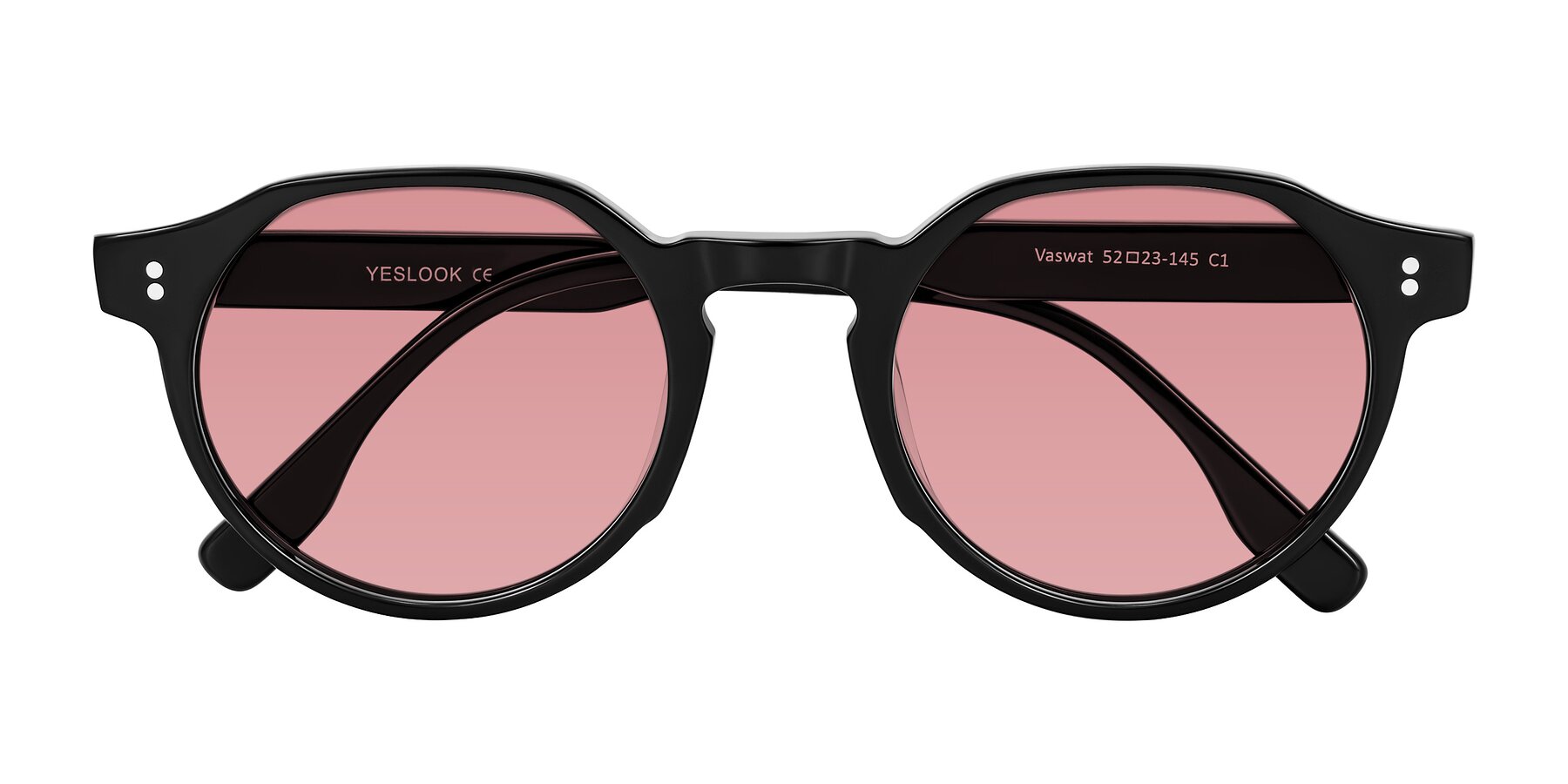 Folded Front of Vaswat in Black with Medium Garnet Tinted Lenses