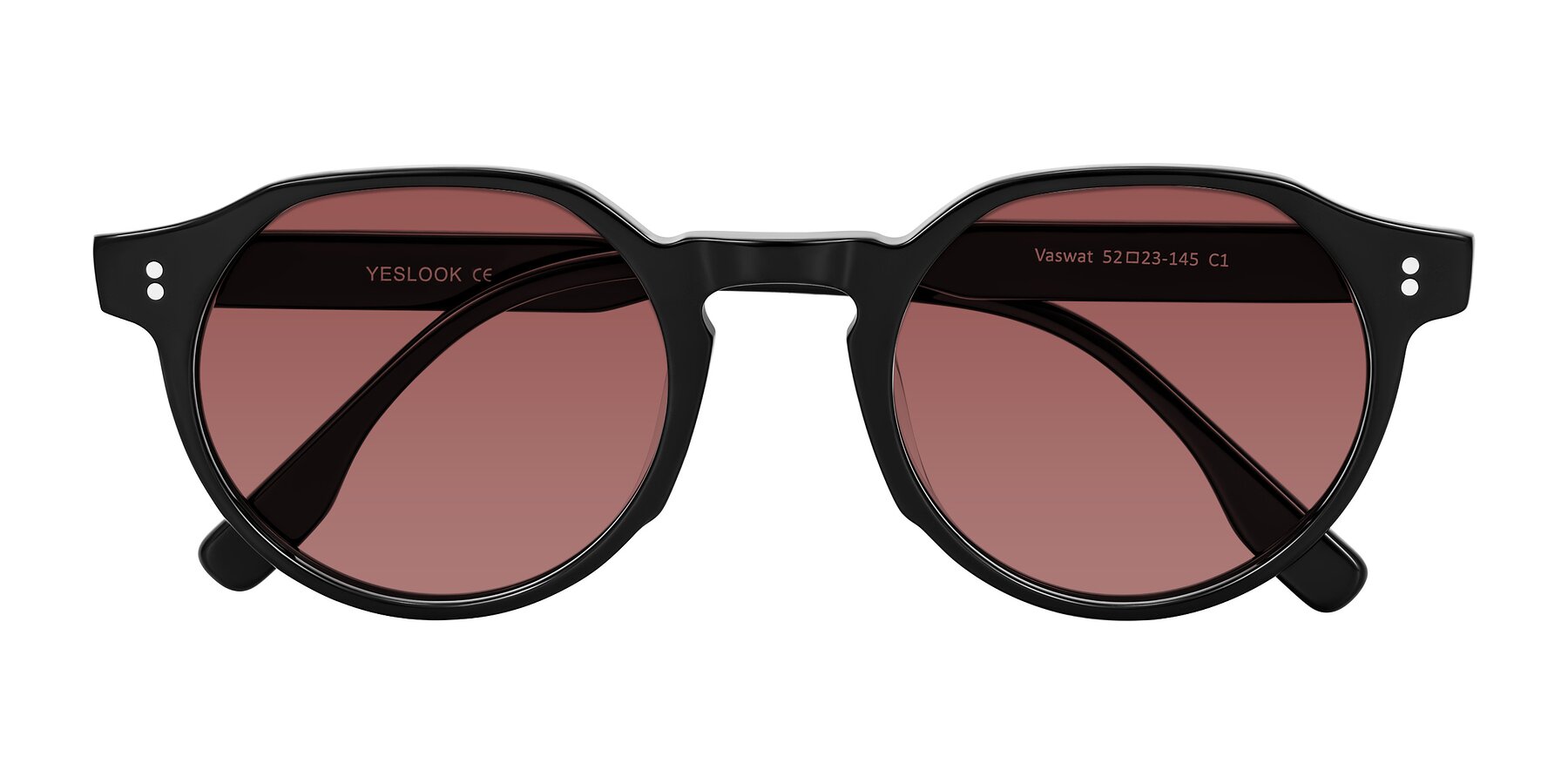 Folded Front of Vaswat in Black with Garnet Tinted Lenses