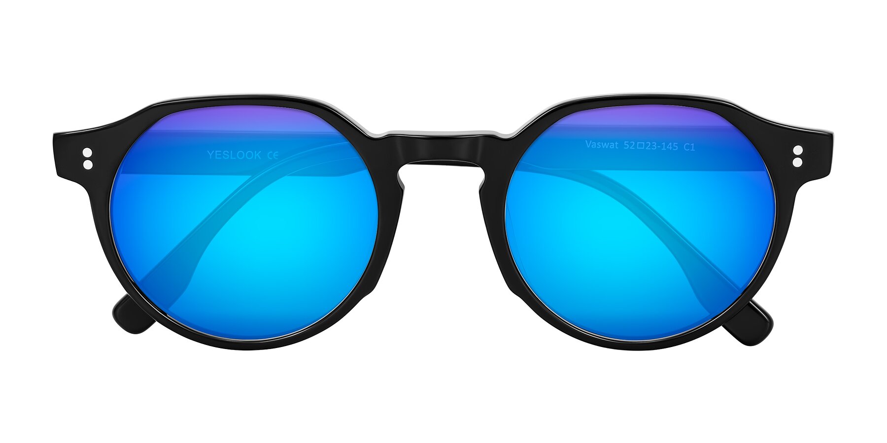 Folded Front of Vaswat in Black with Blue Mirrored Lenses