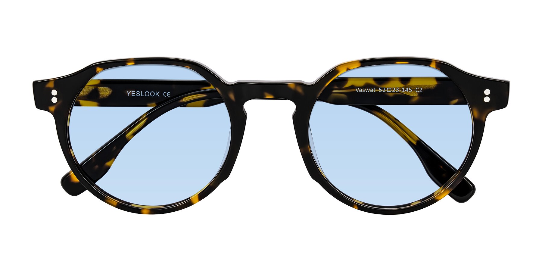 Folded Front of Vaswat in Tortoise with Light Blue Tinted Lenses