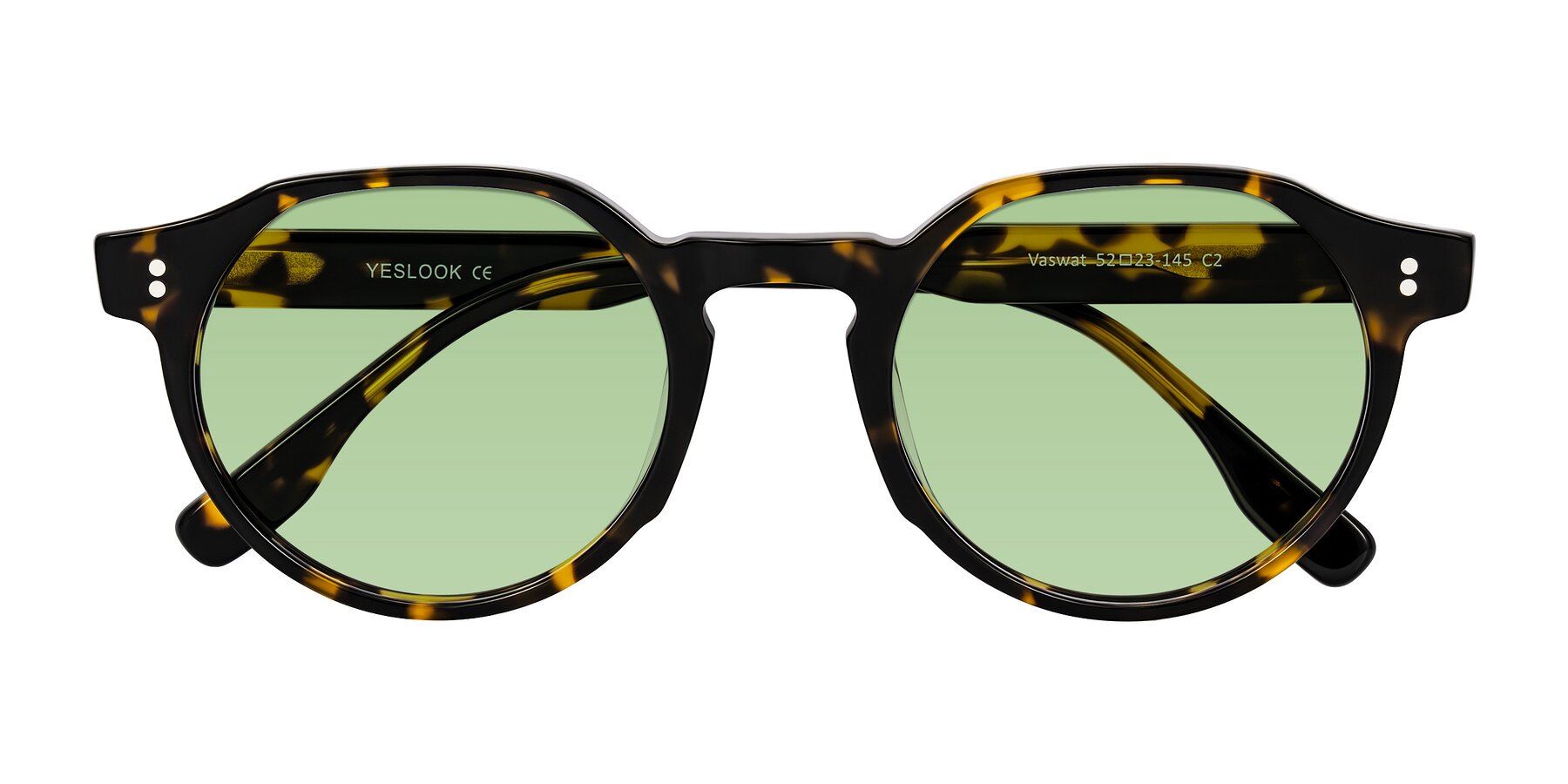 Folded Front of Vaswat in Tortoise with Medium Green Tinted Lenses