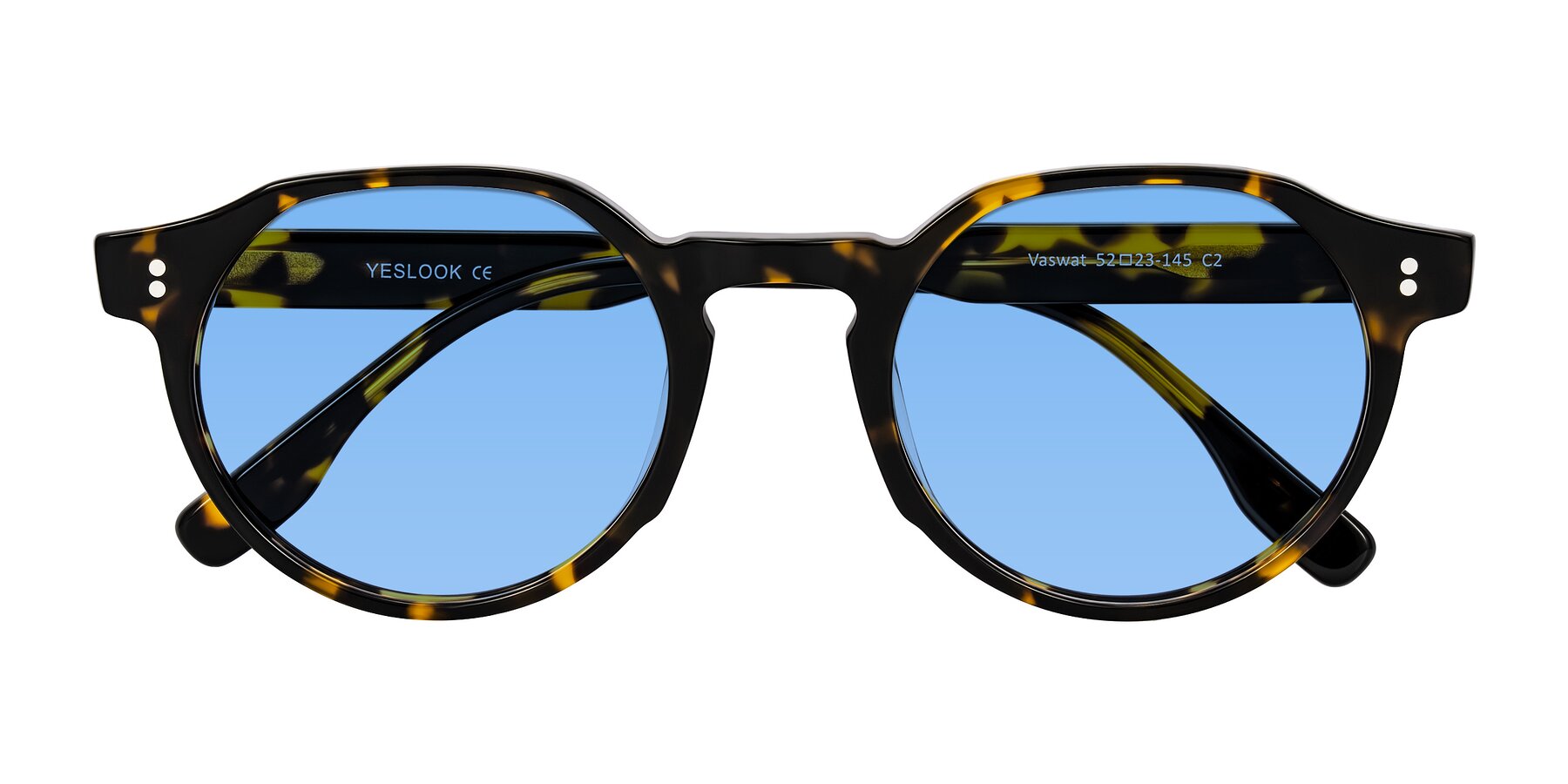 Folded Front of Vaswat in Tortoise with Medium Blue Tinted Lenses