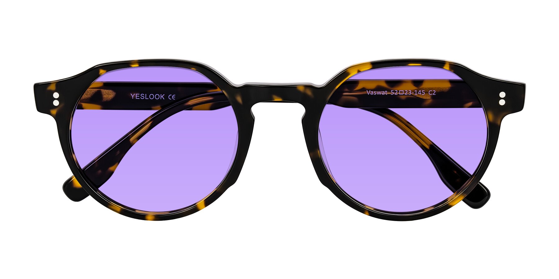 Folded Front of Vaswat in Tortoise with Medium Purple Tinted Lenses