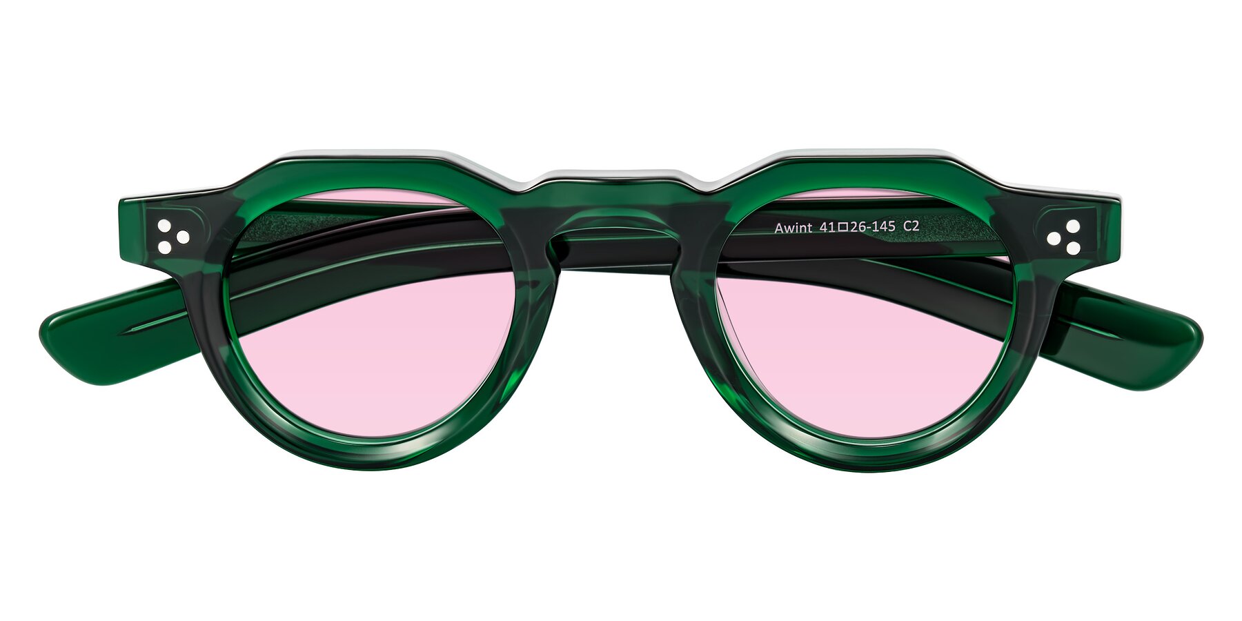 Folded Front of Awint in Emerald Green with Light Pink Tinted Lenses