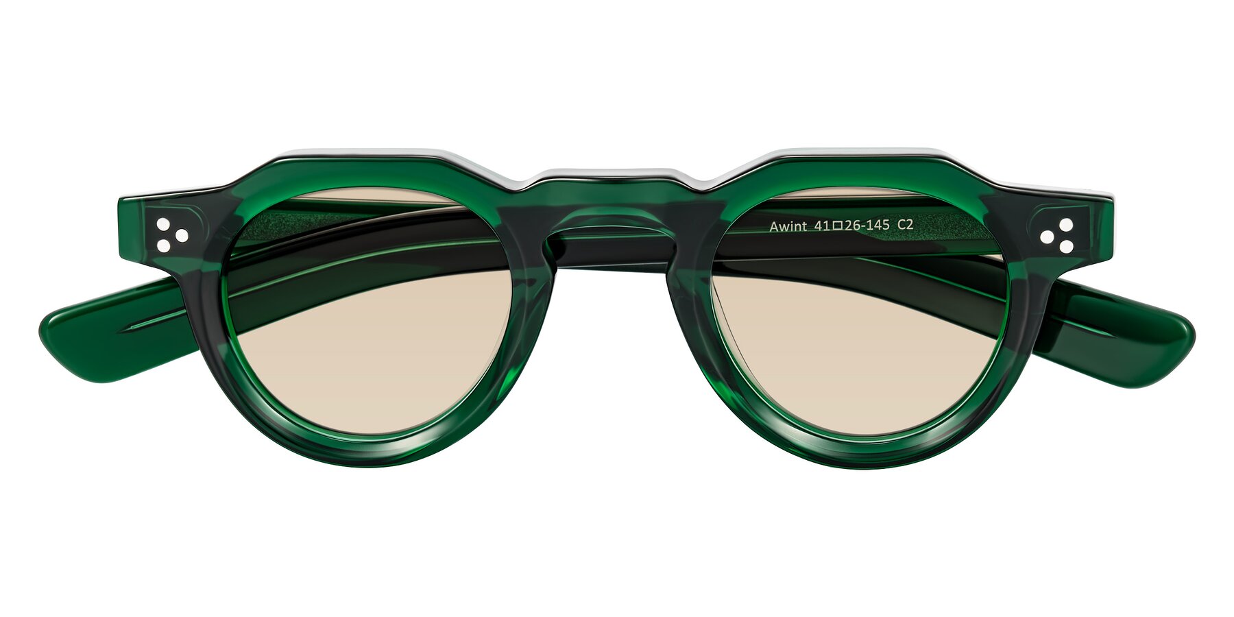 Folded Front of Awint in Emerald Green with Light Brown Tinted Lenses