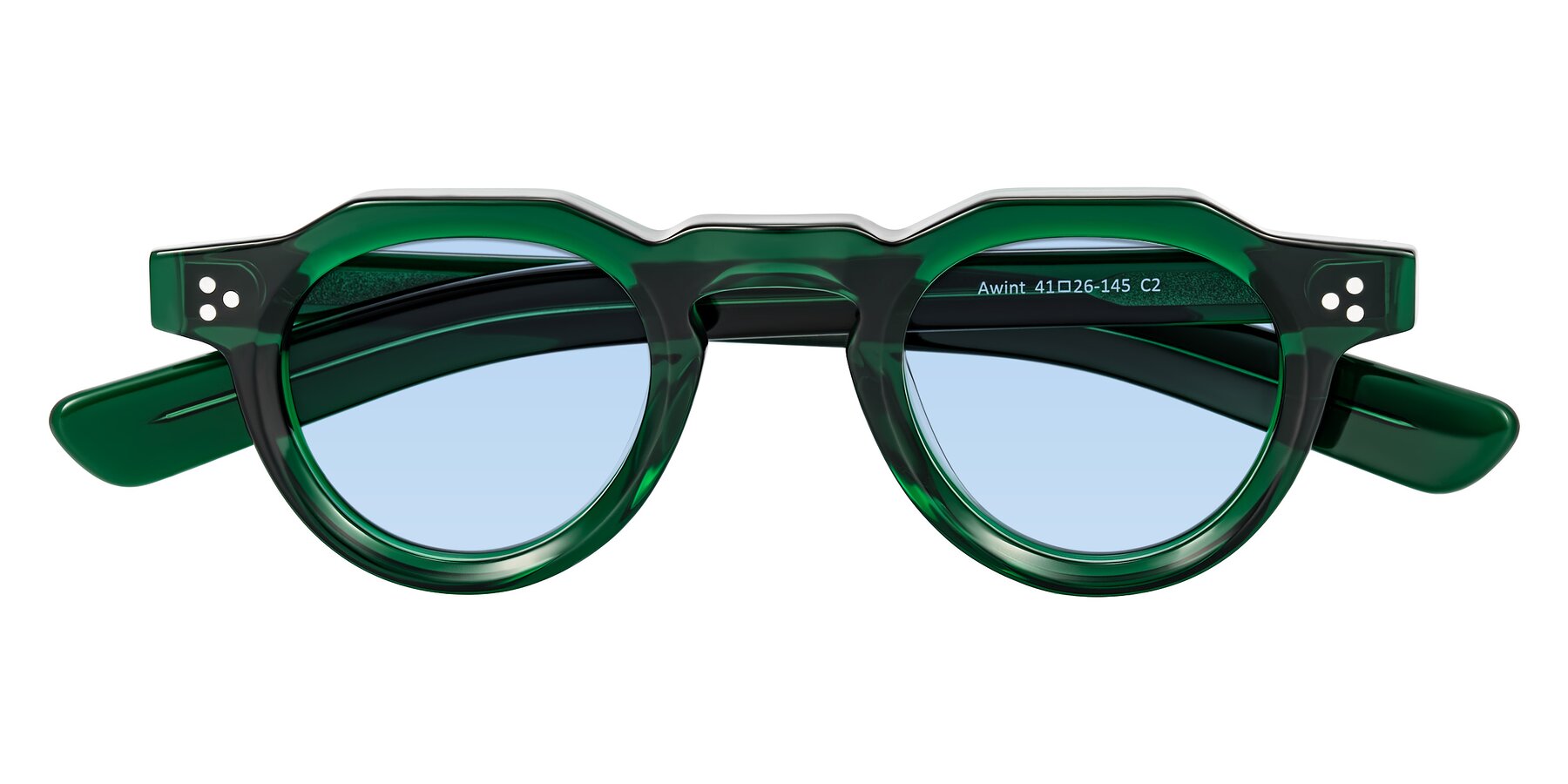 Folded Front of Awint in Emerald Green with Light Blue Tinted Lenses