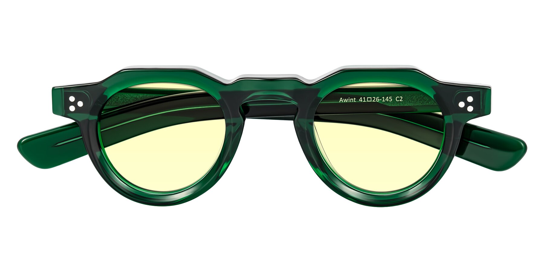 Folded Front of Awint in Emerald Green with Light Yellow Tinted Lenses