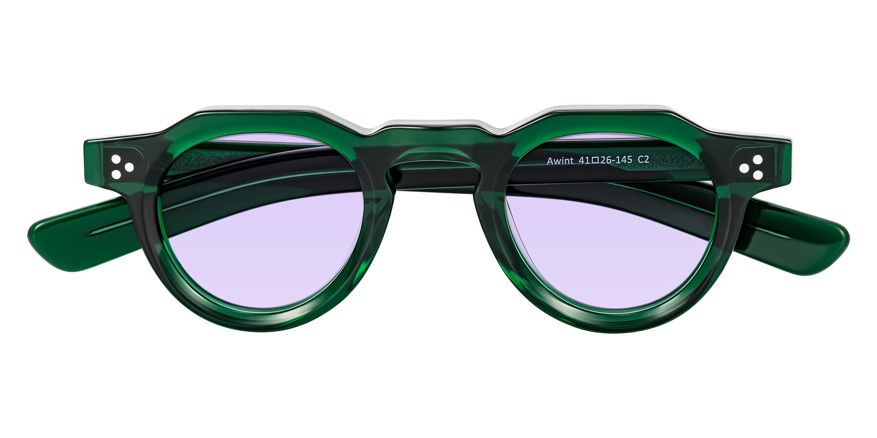 Folded Front of Awint in Emerald Green with Light Purple Tinted Lenses
