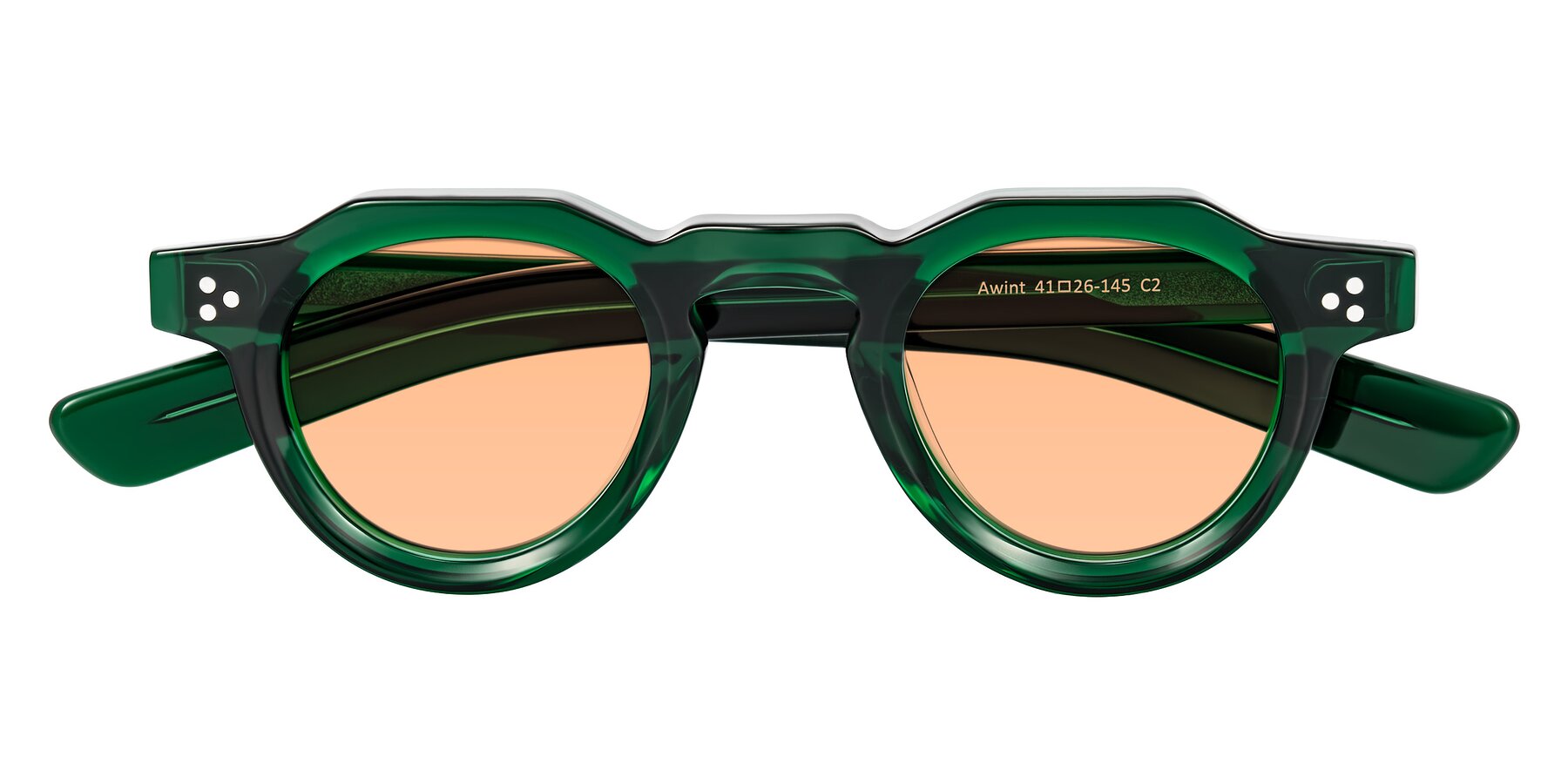 Folded Front of Awint in Emerald Green with Light Orange Tinted Lenses