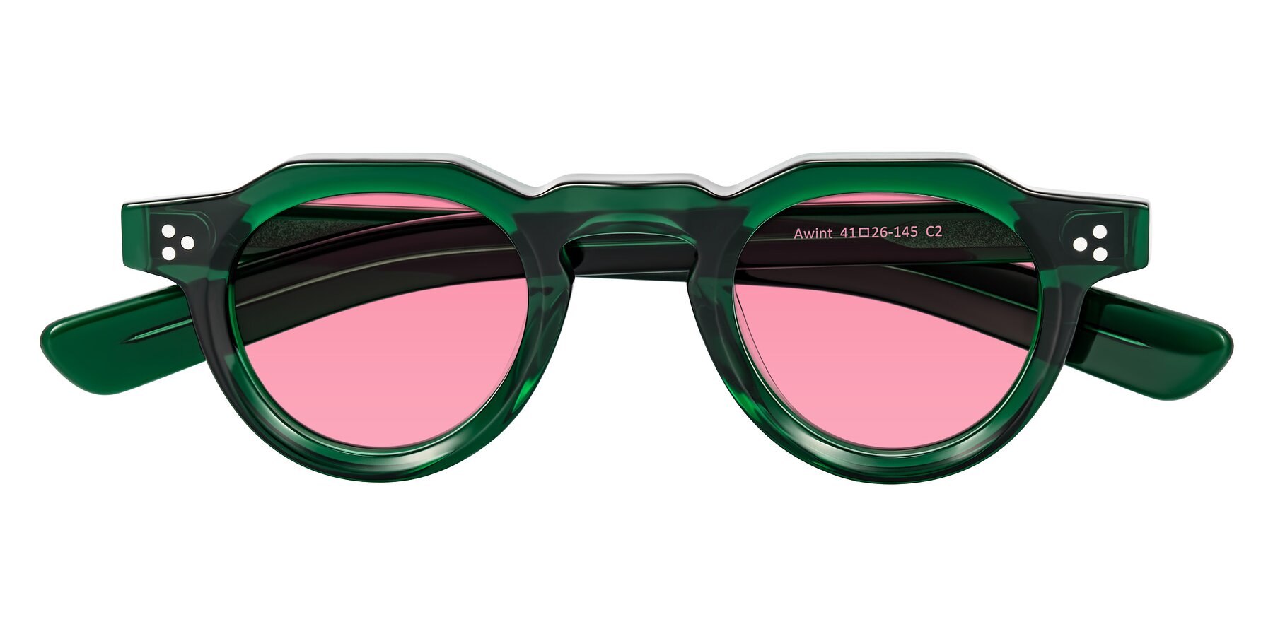 Folded Front of Awint in Emerald Green with Pink Tinted Lenses