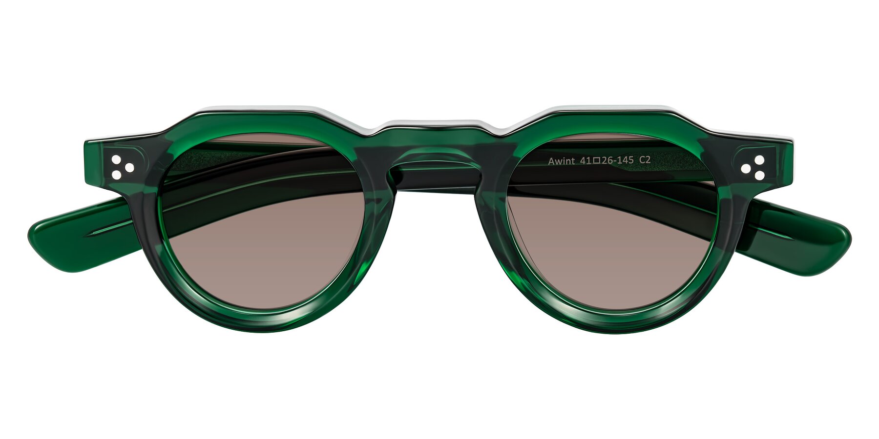 Folded Front of Awint in Emerald Green with Medium Brown Tinted Lenses