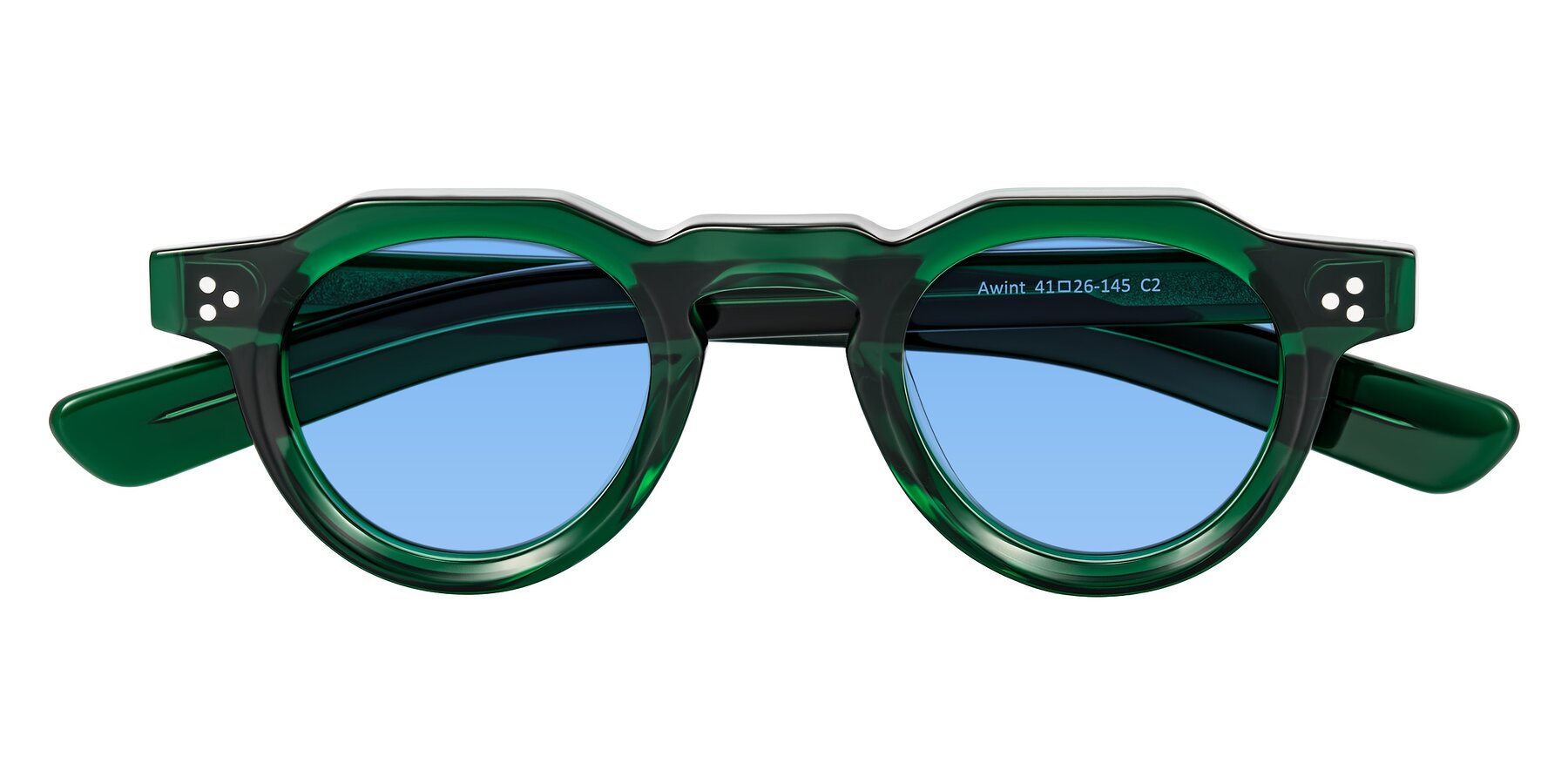 Folded Front of Awint in Emerald Green with Medium Blue Tinted Lenses