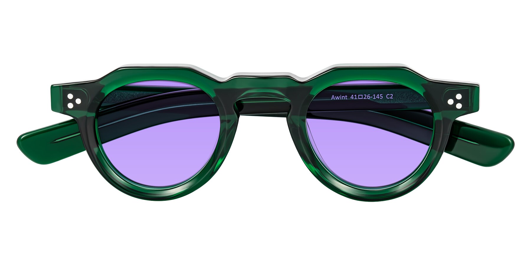 Folded Front of Awint in Emerald Green with Medium Purple Tinted Lenses