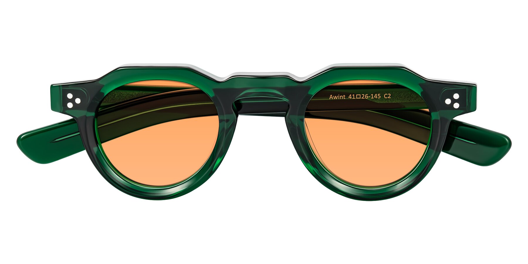 Folded Front of Awint in Emerald Green with Medium Orange Tinted Lenses