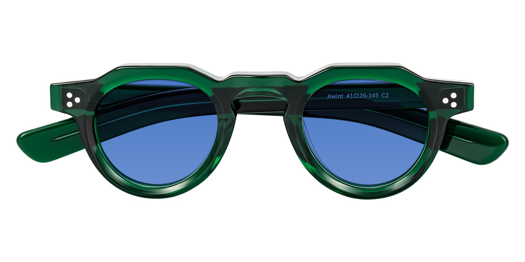 Folded Front of Awint in Emerald Green with Blue Tinted Lenses