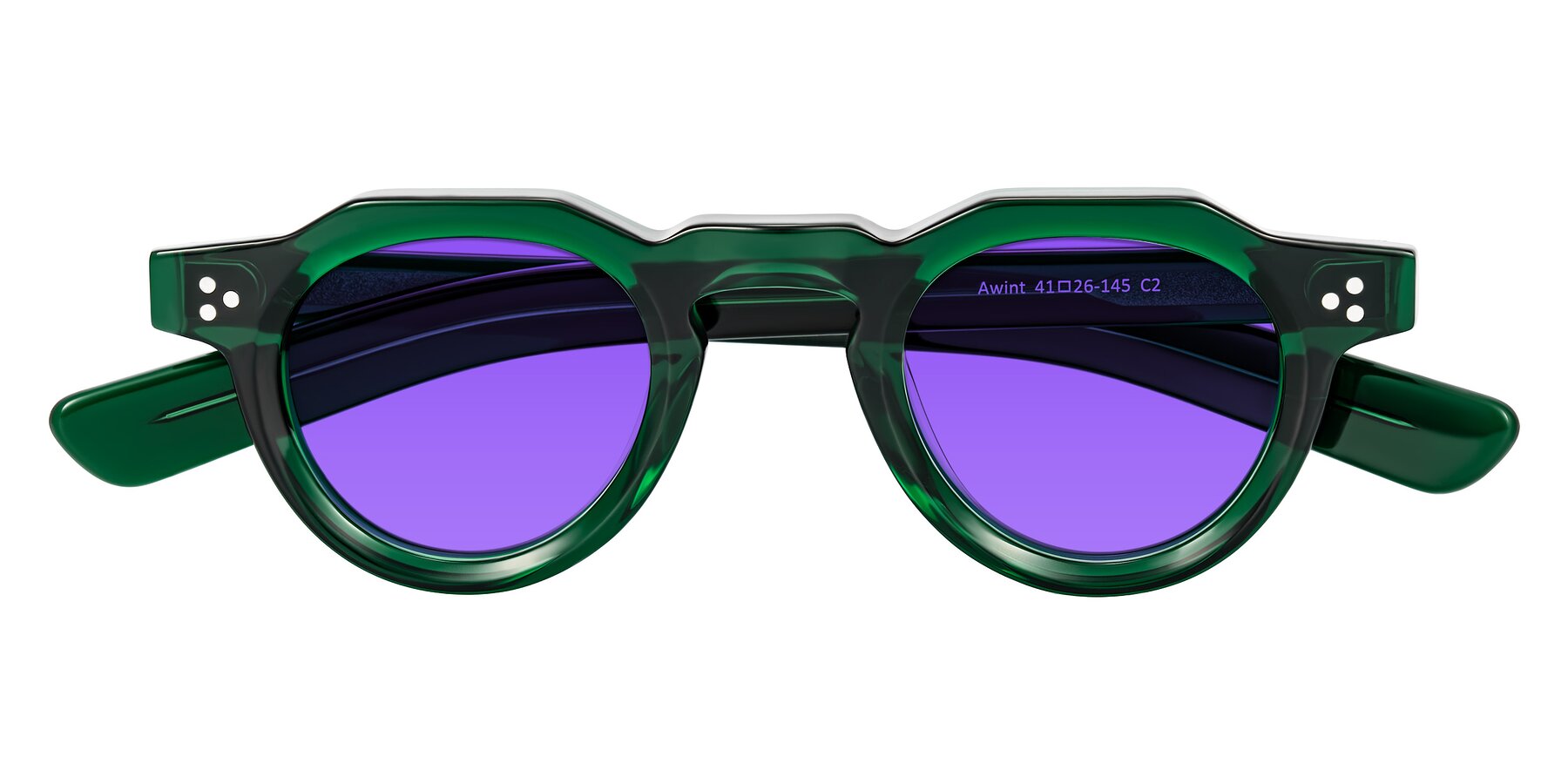 Folded Front of Awint in Emerald Green with Purple Tinted Lenses