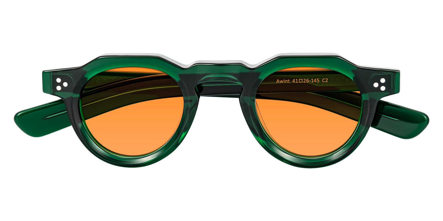 Folded Front of Awint in Emerald Green with Orange Tinted Lenses