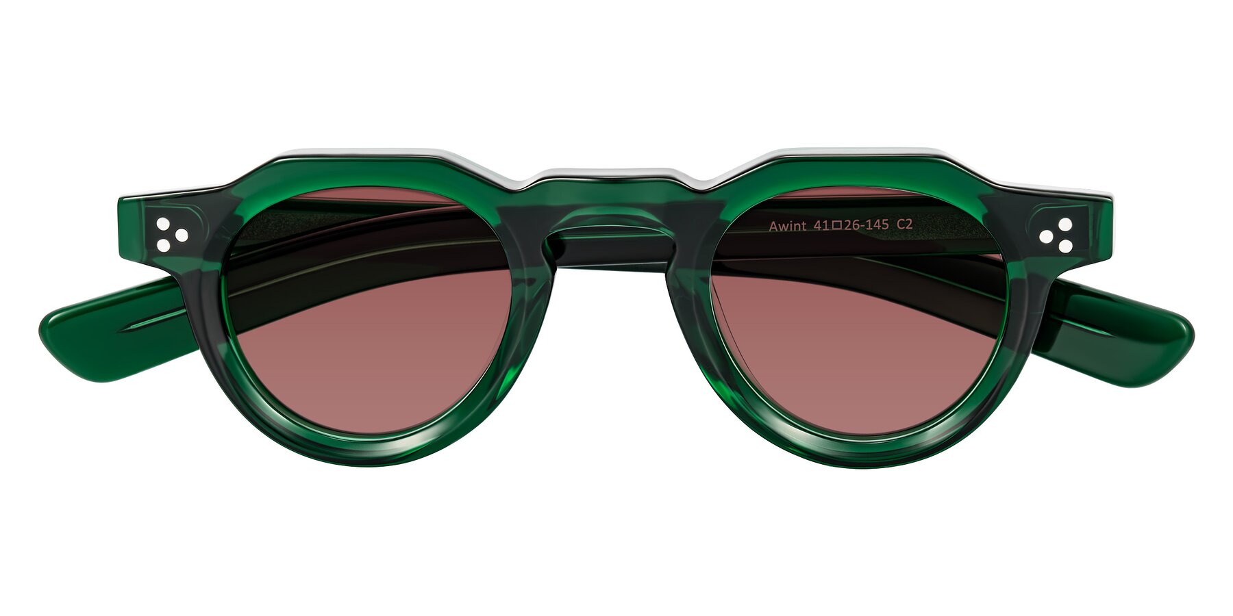 Folded Front of Awint in Emerald Green with Garnet Tinted Lenses